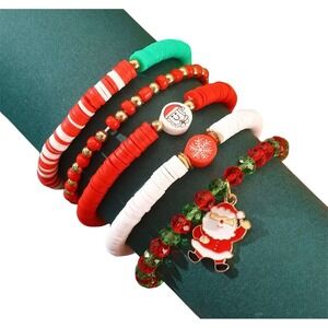Christmas Beaded Bracelet Set‎ Women Red Green Santa Snowflake Holiday New